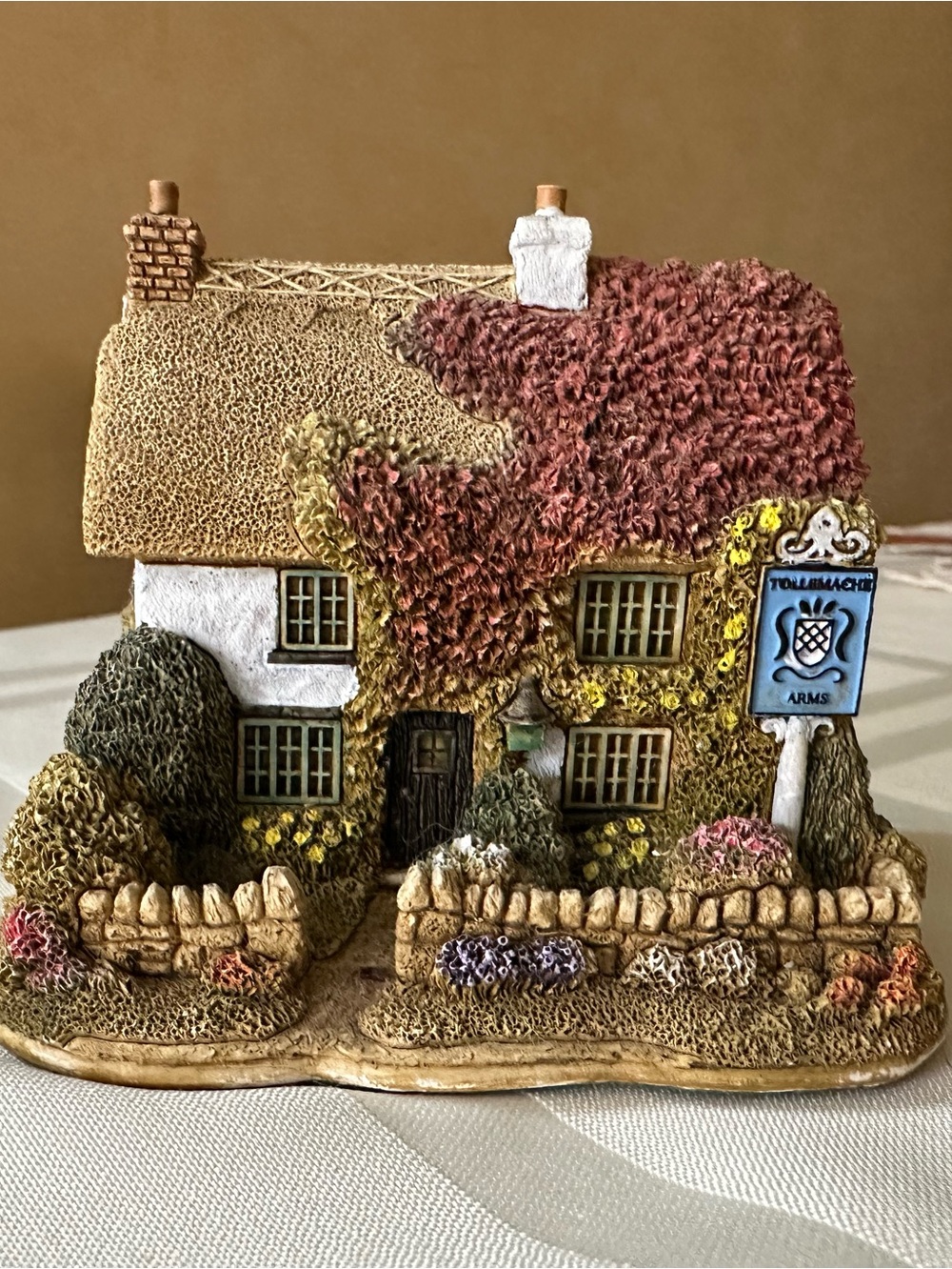 Hand-Painted Cottage Sculpture in Tan, Brown and Green by